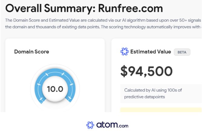 Atom.com appraisal: RunFree.com Domain Score 10.0, Estimated Value $94,500